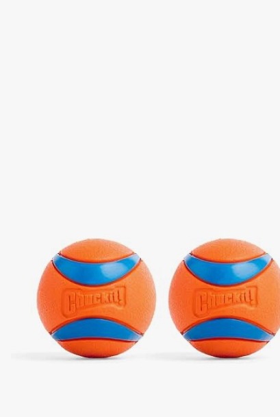 Two Chuckit! Ultra Balls in bright orange and blue solid rubber