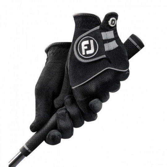 Black FootJoy men's RainGrip golf gloves, pair, gripping a club